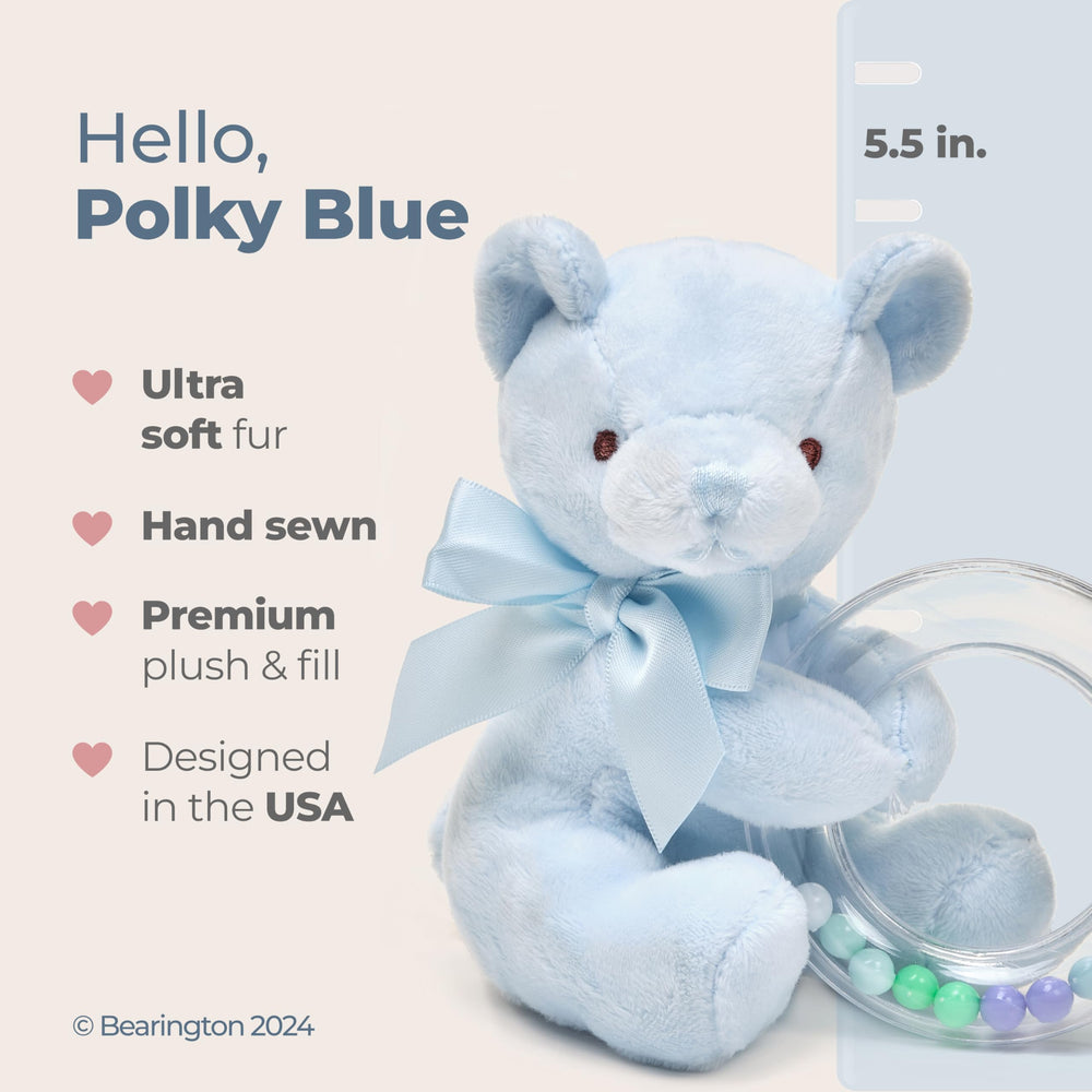 Polky Blue plush teddy bear shaker closeup highlights colorful beads and gentle rattle.
