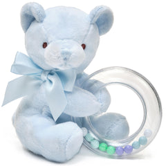 Bearington Collection Polky Blue plush teddy bear shaker toy, perfect for newborn cuddles.