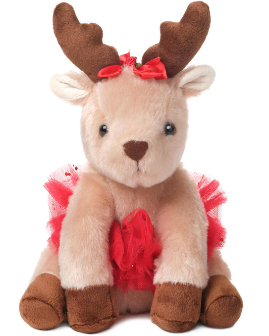 Bearington Darling Dancer Reindeer 7-inch plush toy with red tutu, ideal for cuddling.