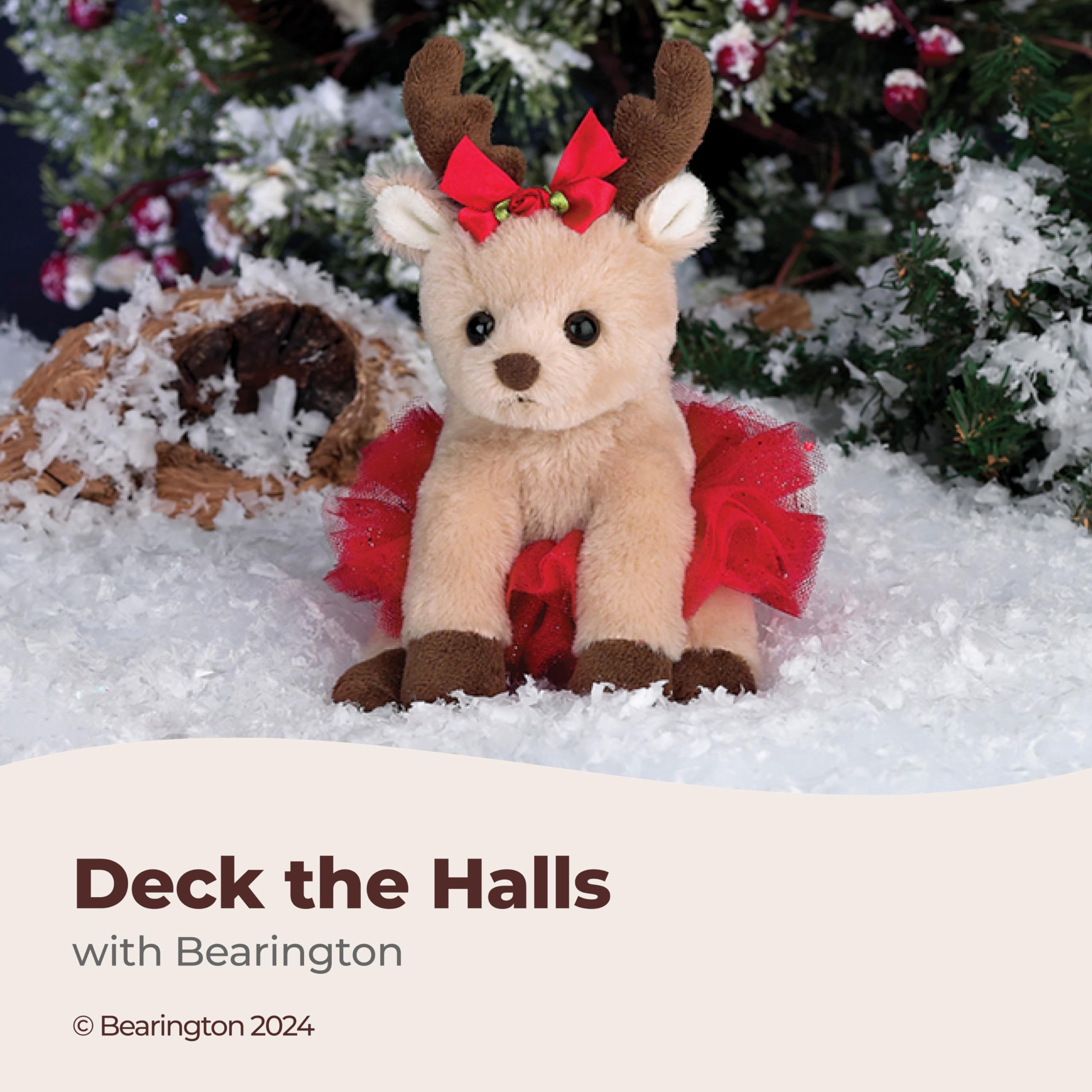 Face close-up of Bearington Darling Dancer Reindeer highlighting soft fur.
