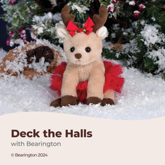 Face close-up of Bearington Darling Dancer Reindeer highlighting soft fur.