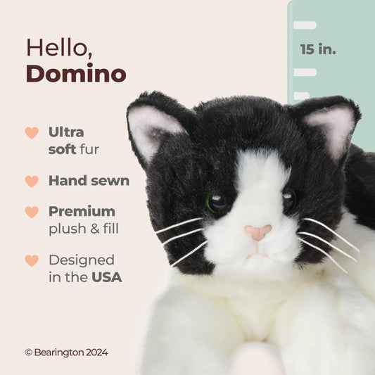 Bearington Domino cat stuffed animal full body view with tuxedo pattern ideal for cozy display and cuddling.