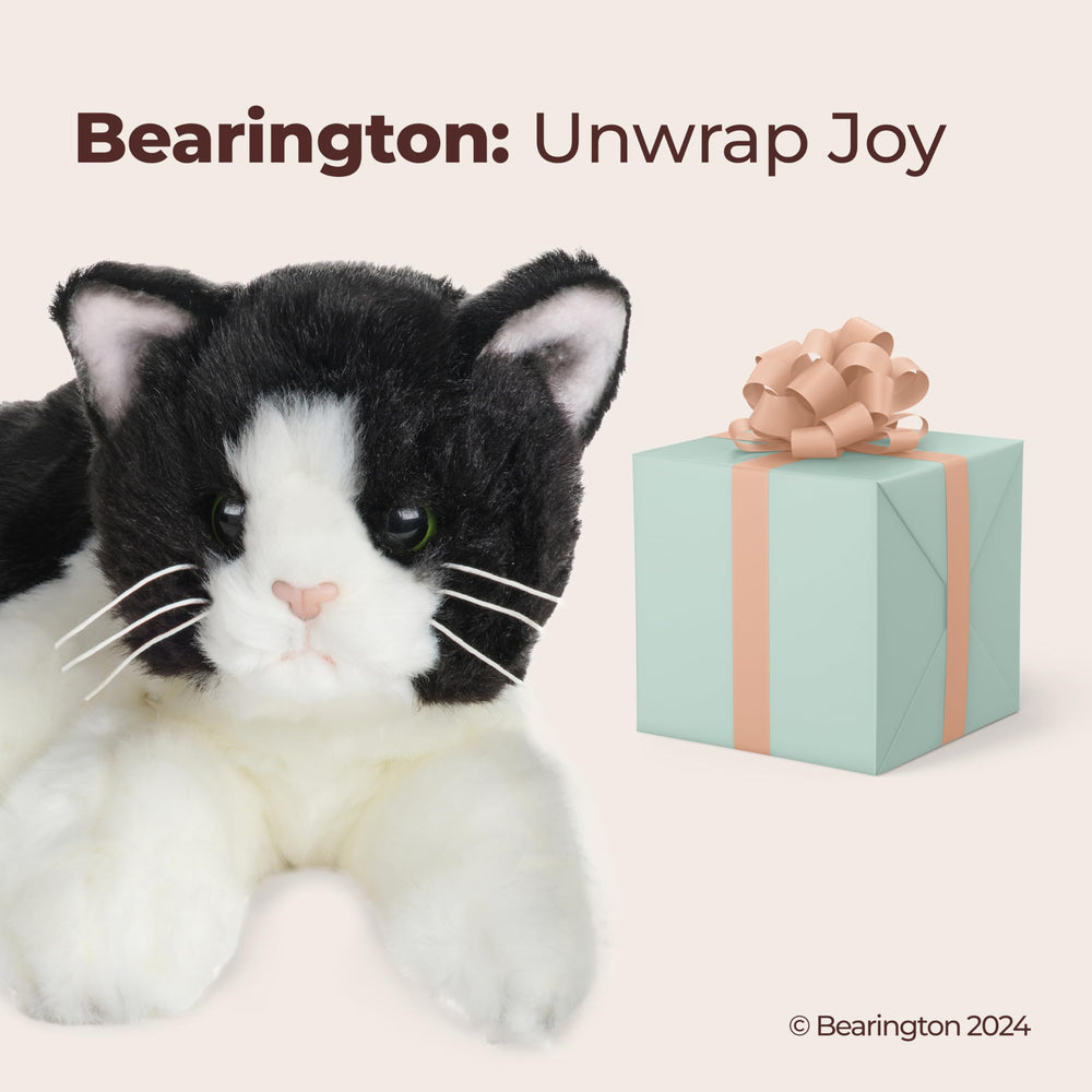 Bearington Domino cat stuffed animal snuggle session perfect for bedtime routines and quiet companionship.