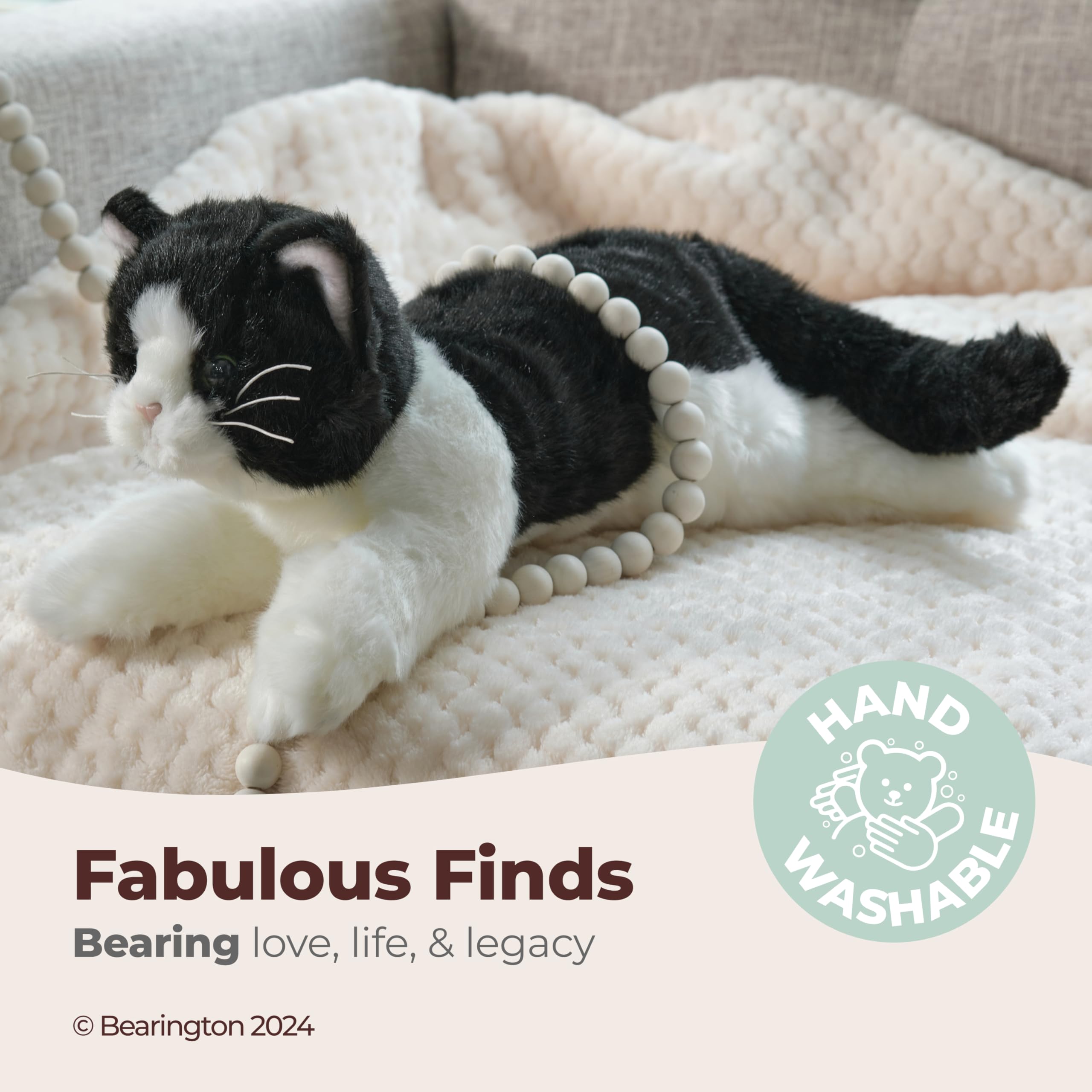 Bearington Domino cat stuffed animal tuxedo pattern close-up showing classic black and white fur for versatile decor.