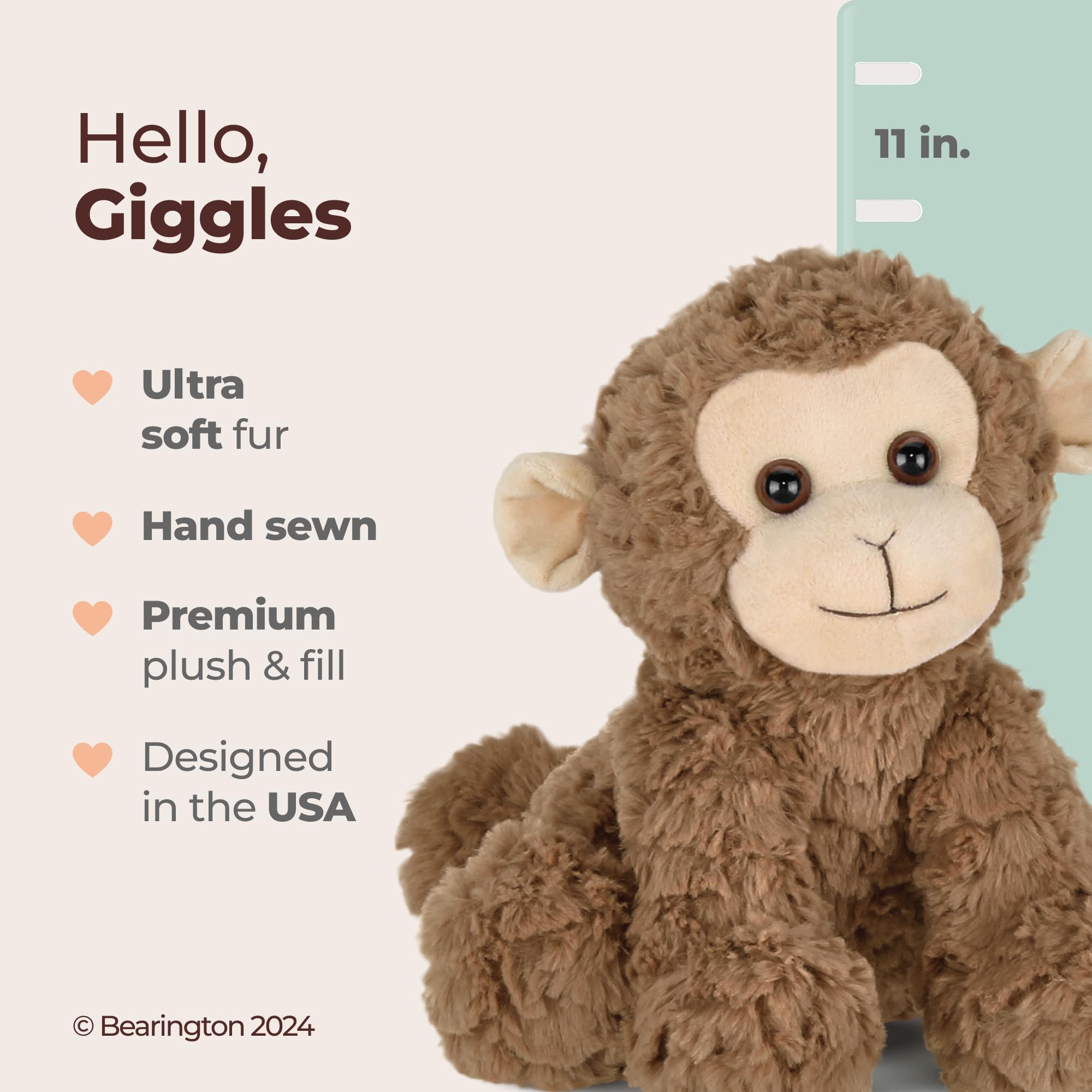 Bearington Giggles Monkey ten point five inch size shown for scale and hugs