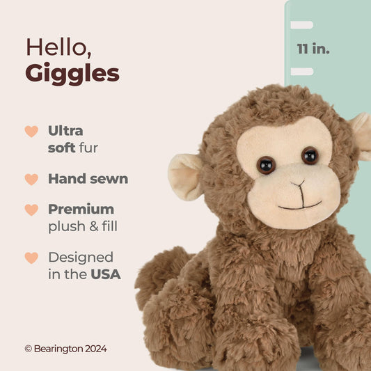 Bearington Giggles Monkey ten point five inch size shown for scale and hugs