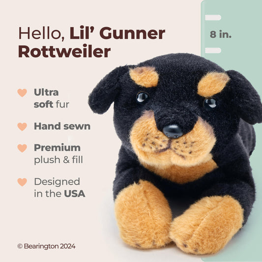 Bearington Lil' Gunner rottweiler plush close-up face for lifelike storytelling.