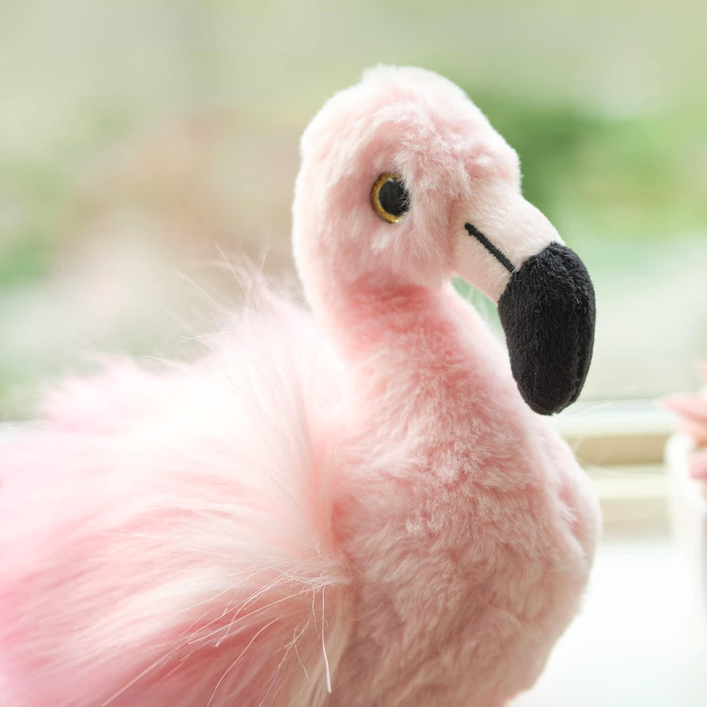 Expressive face of Bearington Lil’ Fifi flamingo plush for imaginative play