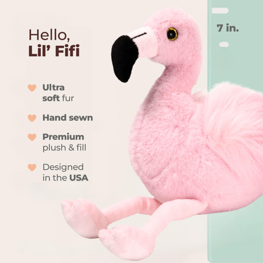 Lil’ Fifi flamingo plush showcasing fluffy wings and tactile charm