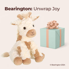 Bearington Lofty bedtime cuddle giraffe plush with bean bag-weighted bottom.