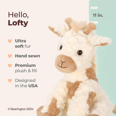 Bearington Lofty giraffe plush in a snuggle pose, perfect for comforting playtime.