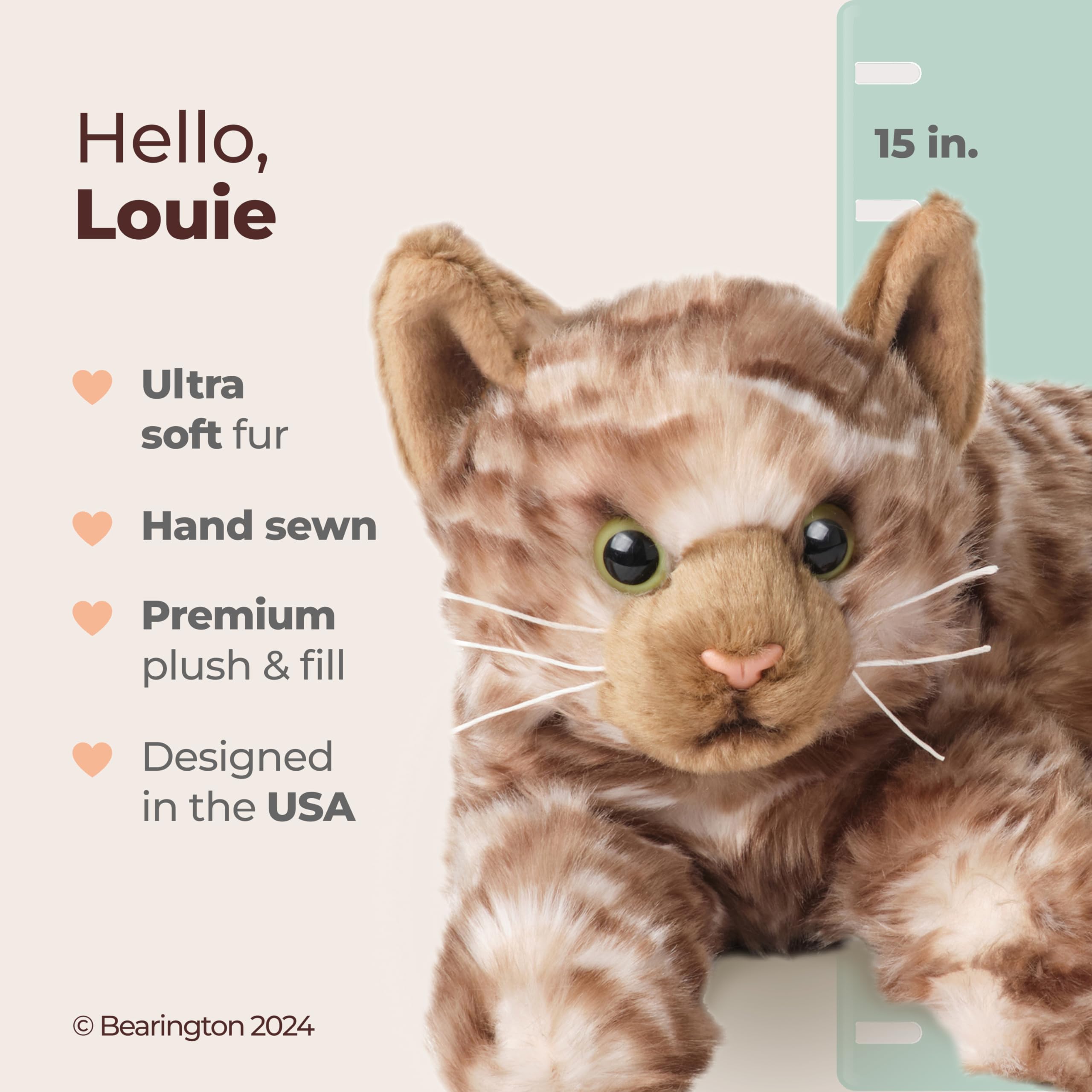 Bearington Louie eyes and whiskers showcase delicate craftsmanship for snuggly play.