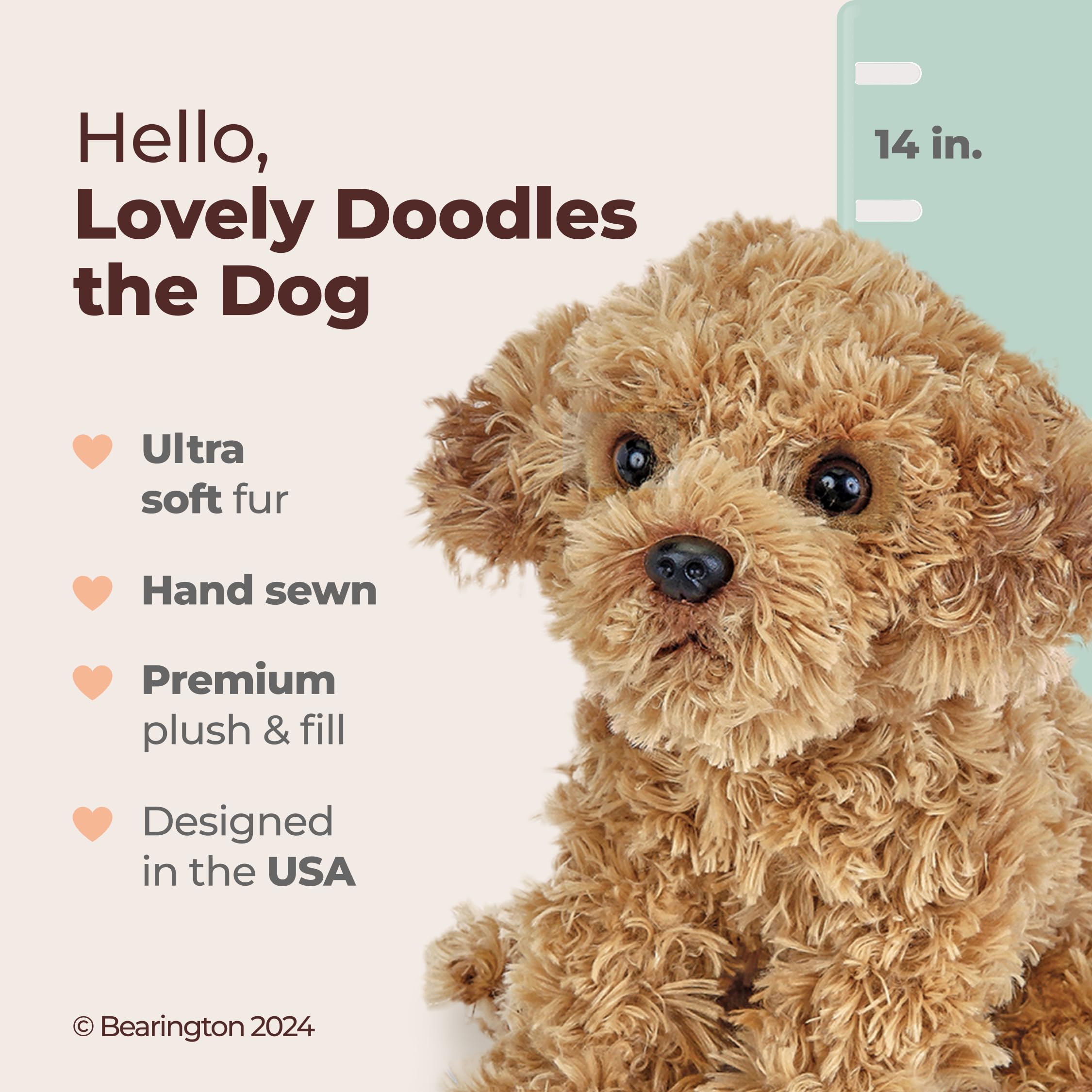 Bearington Lovely Doodles caramel dog plush face closeup highlights eyes for realism.