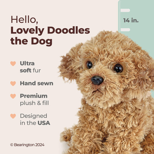 Bearington Lovely Doodles caramel dog plush face closeup highlights eyes for realism.