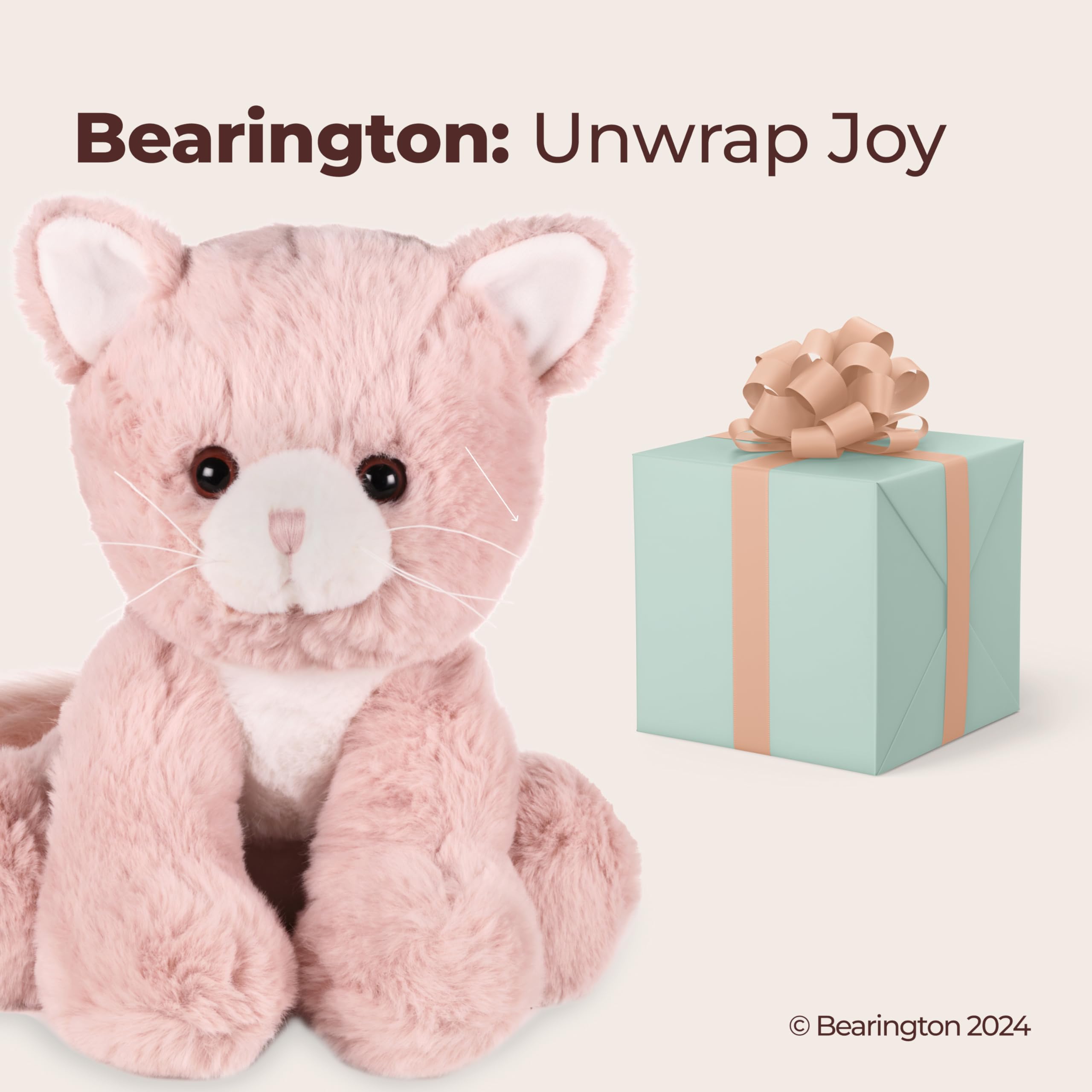 Bearington Mew Mew bedtime companion shown in cozy bedroom setup