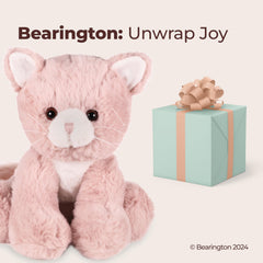 Bearington Mew Mew bedtime companion shown in cozy bedroom setup