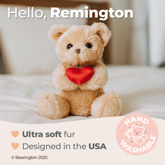 Remington Valentine teddy with red satin heart for romantic gifting.