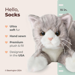 Bearington Socks cat plush full-body view showcases soft fur for cuddling.