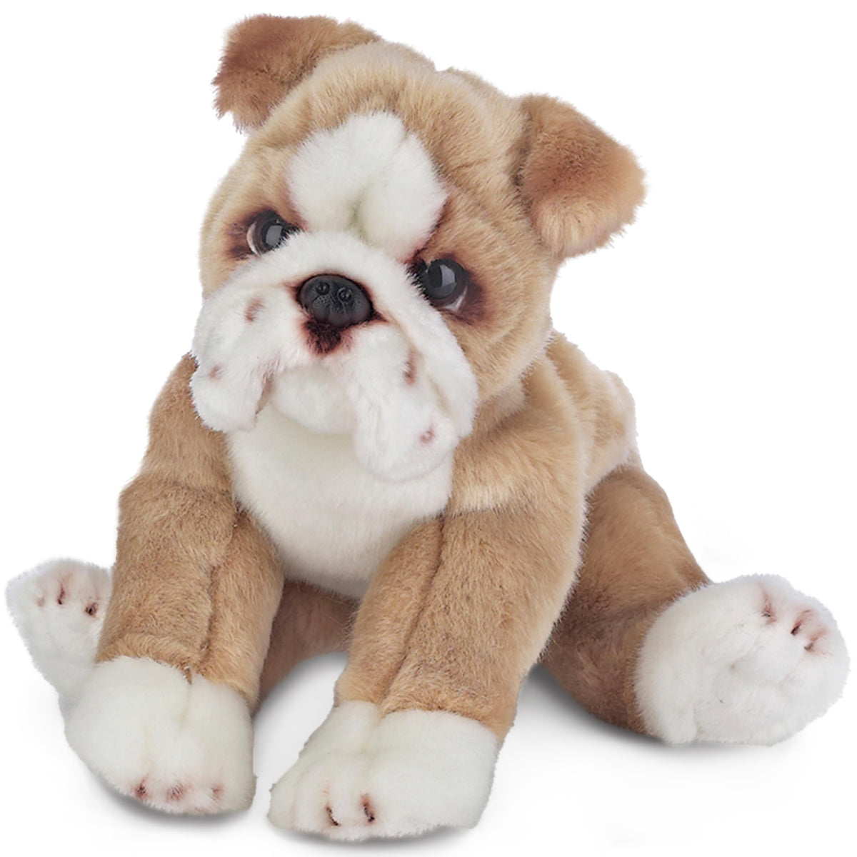 Bearington Tug the English Bulldog plush face close-up showing soft fur for cuddling.