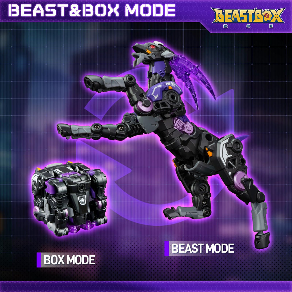 BEASTBOX Dimmuborgir mecha form shows poseable joints for dynamic setups.