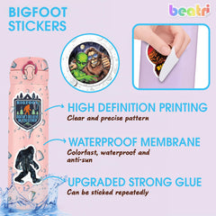 BEATRI Bigfoot stickers on luggage personalize bags with durable travel-ready adhesion.