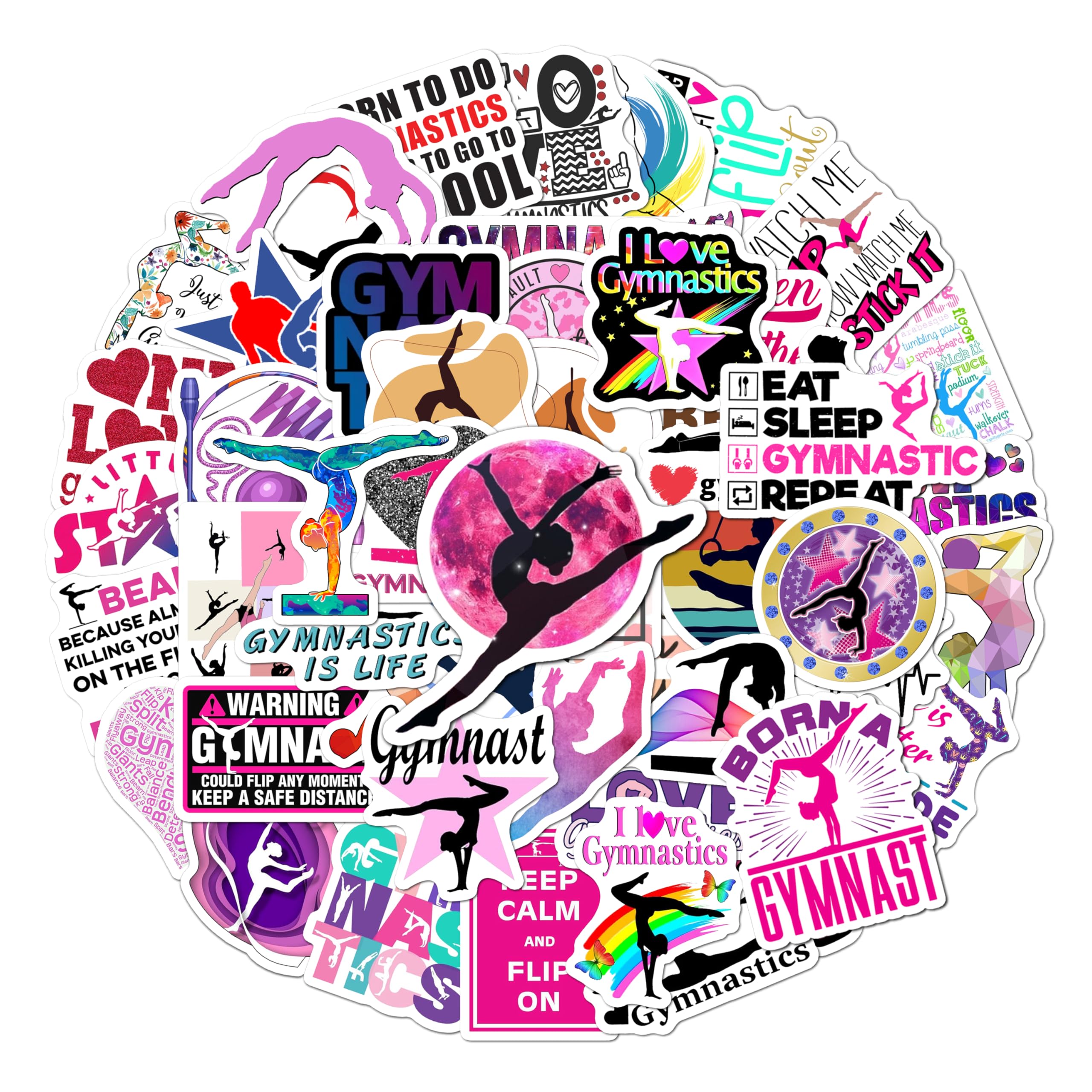 BEATRI Gymnastics Stickers 50Pcs pack on a surface for personalization and durability