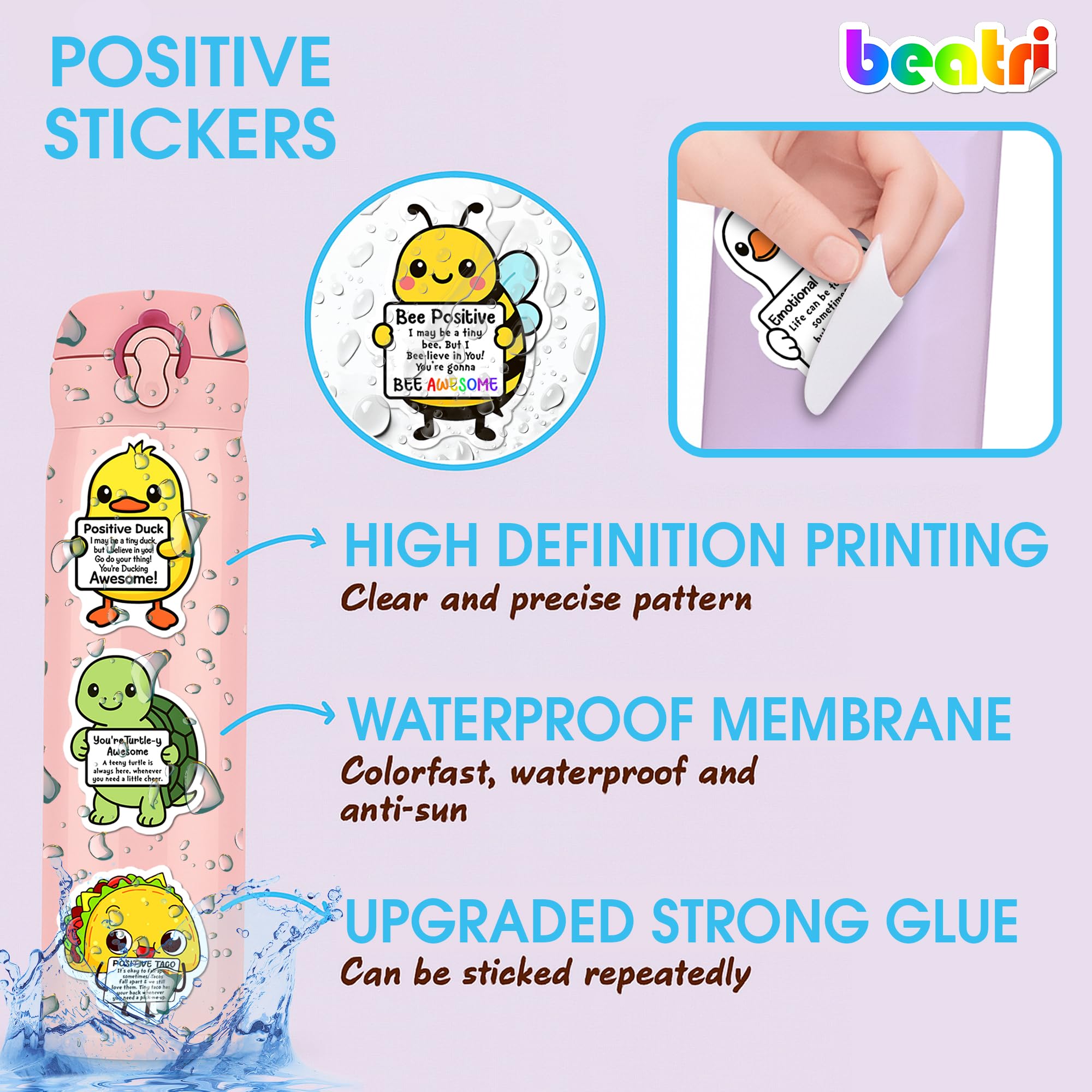 BEATRI high definition print stickers showcase vibrant motivational phrases daily use.