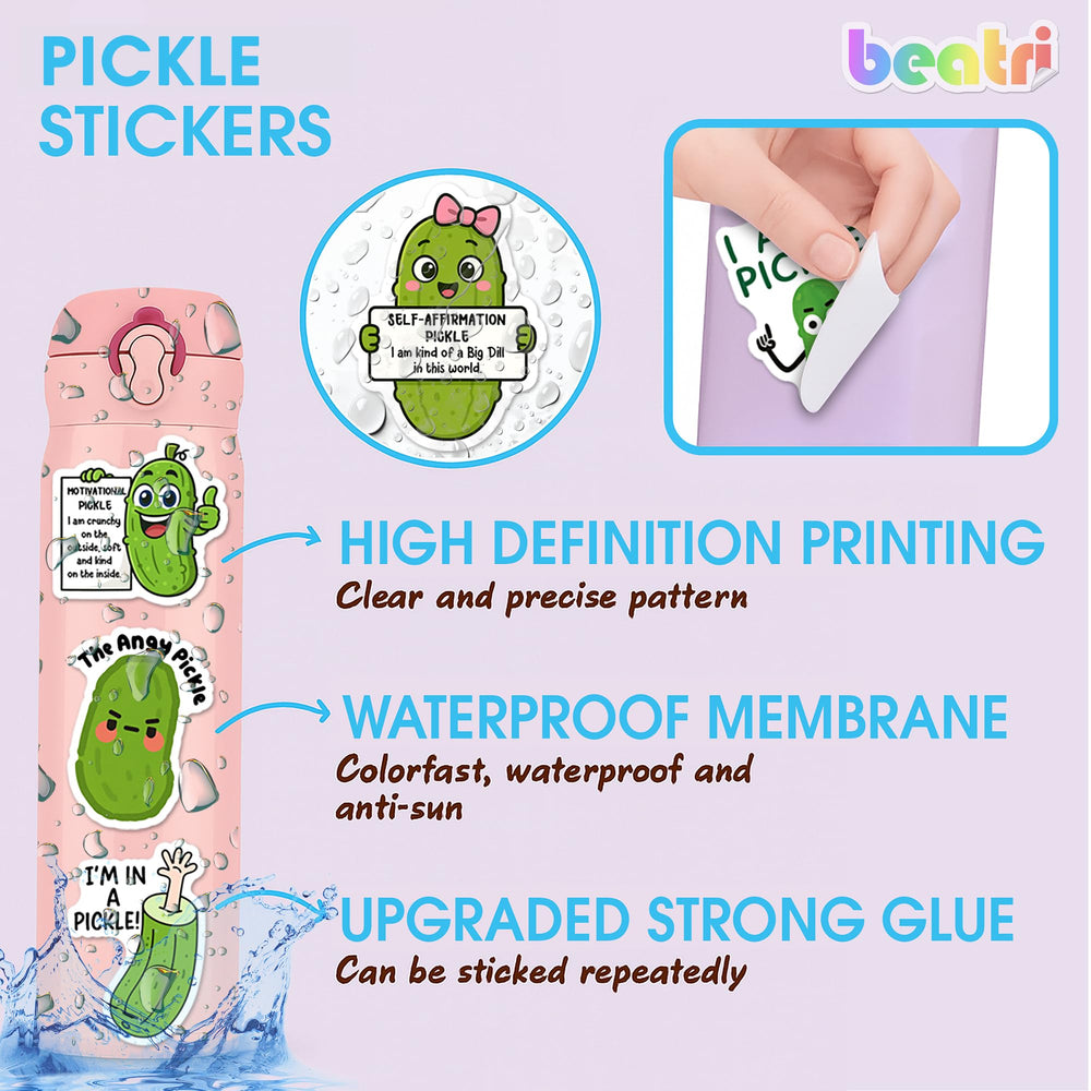 Beatri Pickle Stickers on laptop provide durable, waterproof decoration