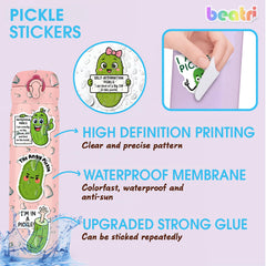 Beatri Pickle Stickers on laptop provide durable, waterproof decoration