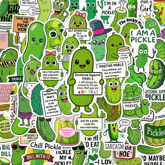 Beatri Pickle Stickers pack cover displays 50 unique designs for versatile gear personalization