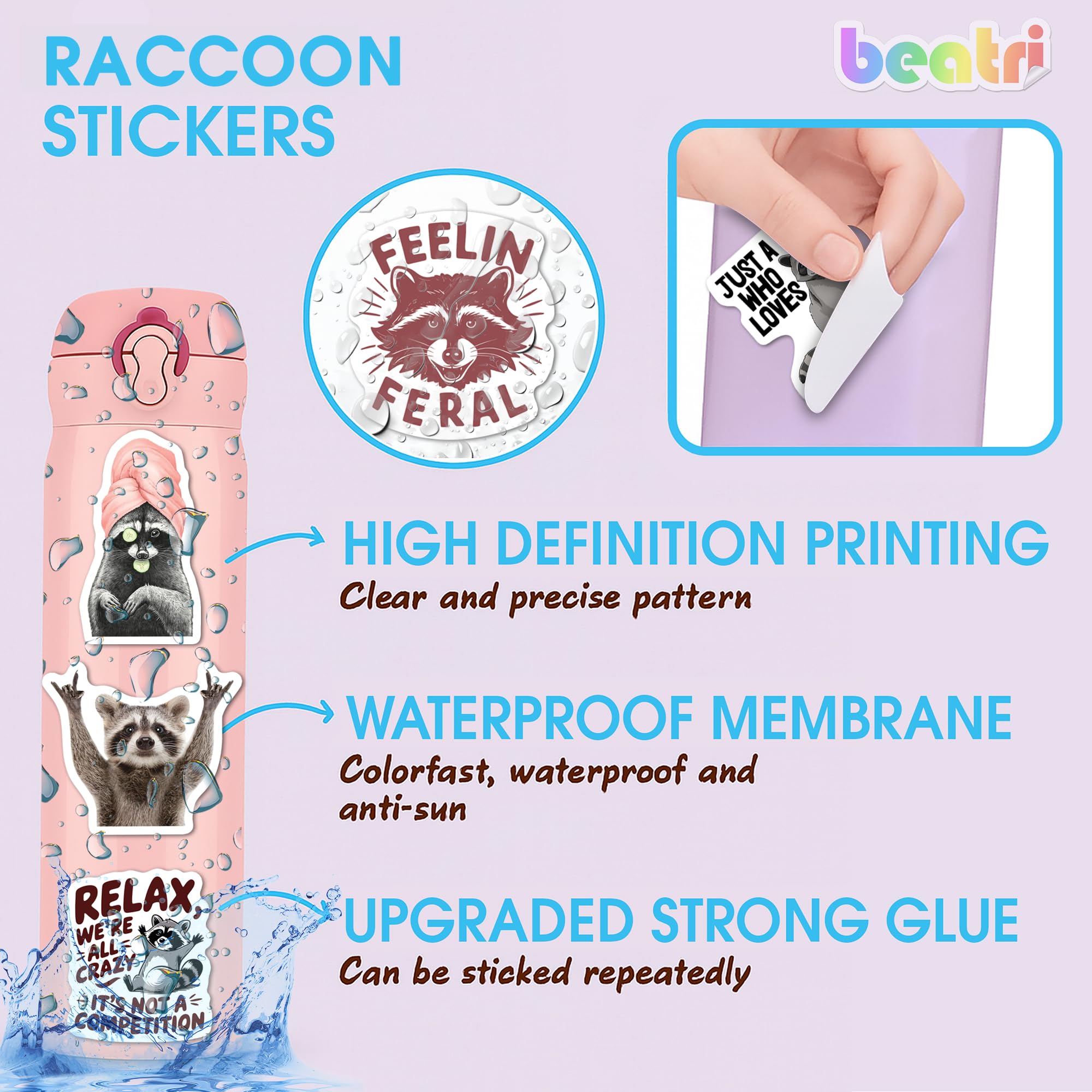 BEATRI raccoon stickers water bottle design resists fading for outdoor use