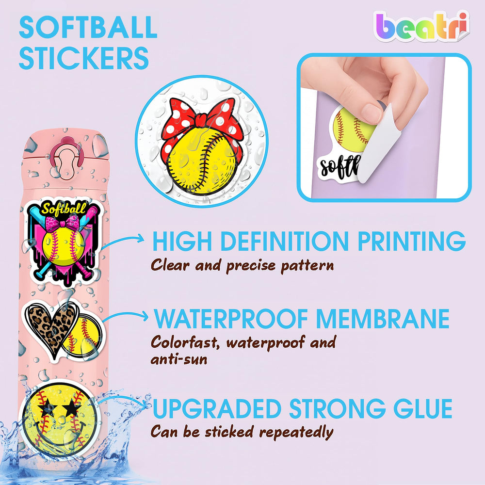 BEATRI Softball Stickers close-up with vivid details for durable bottle decoration