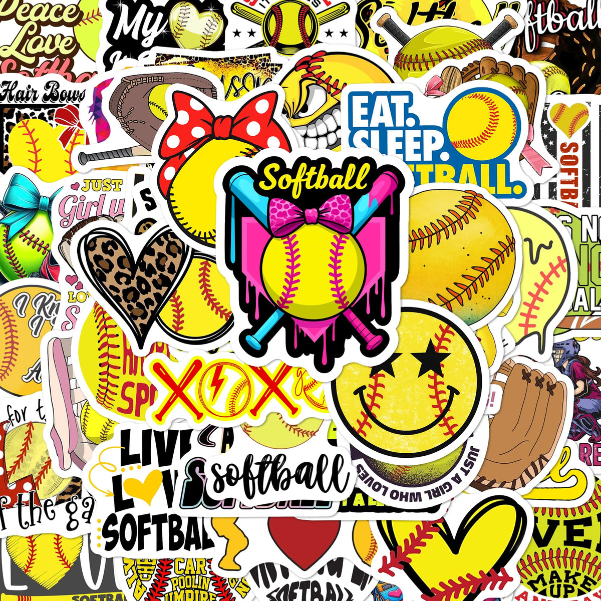 BEATRI Softball Stickers front view on a laptop showing bold non-repeating designs