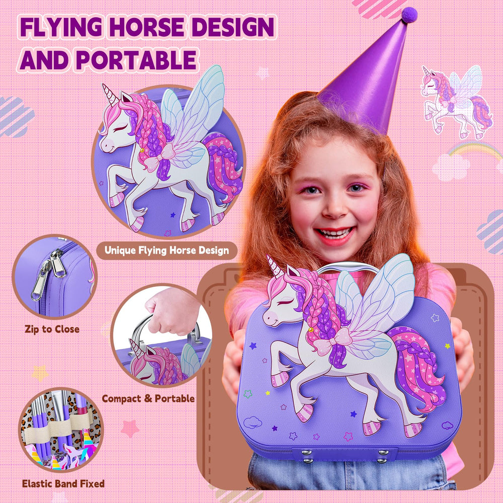 Beayuck kids makeup case with flying horse motif keeps belongings organized.