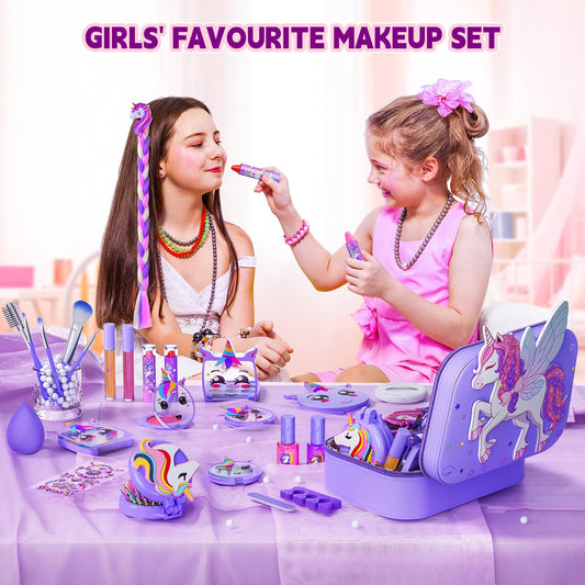 Beayuck makeup kit contents including eyeshadow, blush, lipstick for creative daily pretend play.