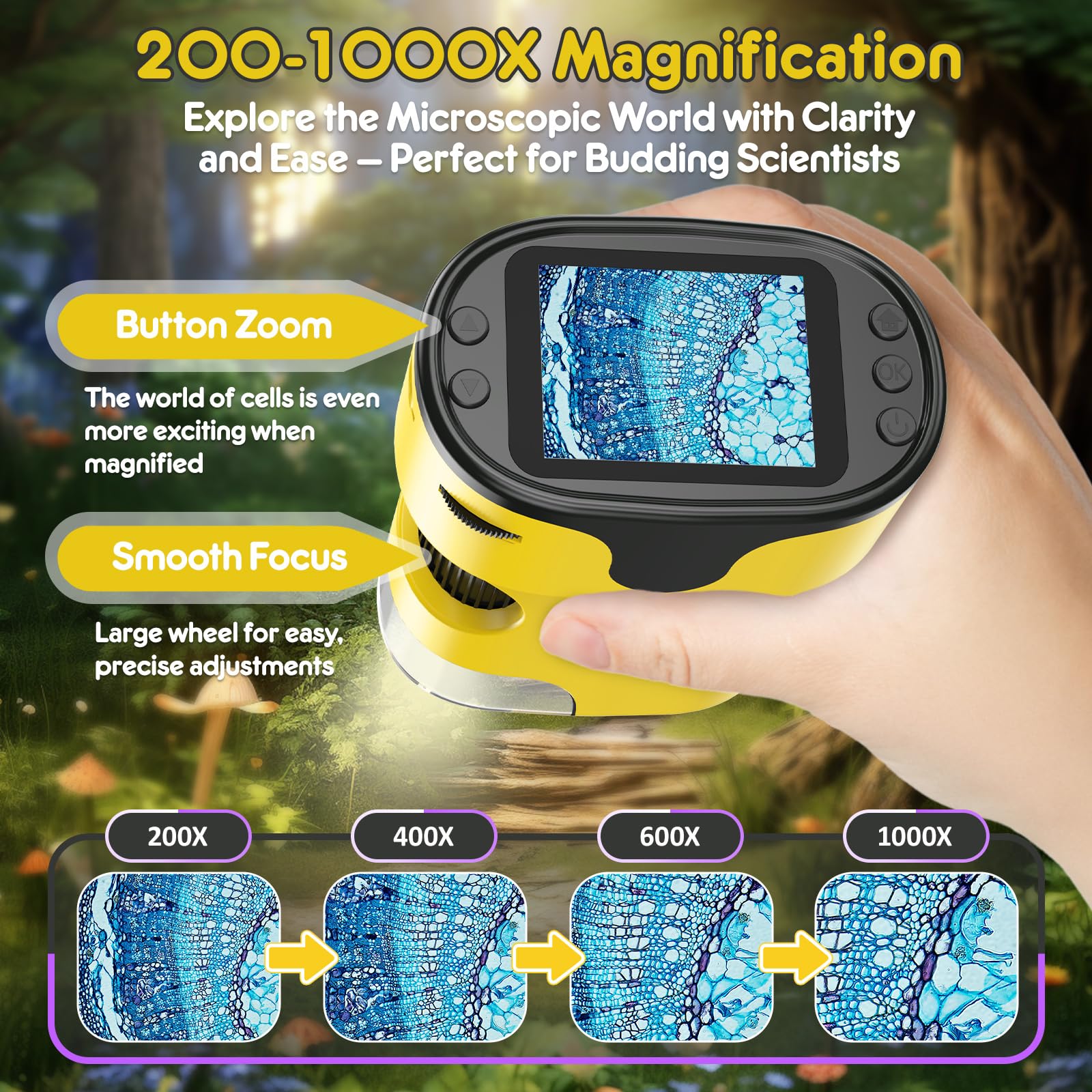 BEBANG pocket-size microscope shown for on-the-go exploration with curious kids.