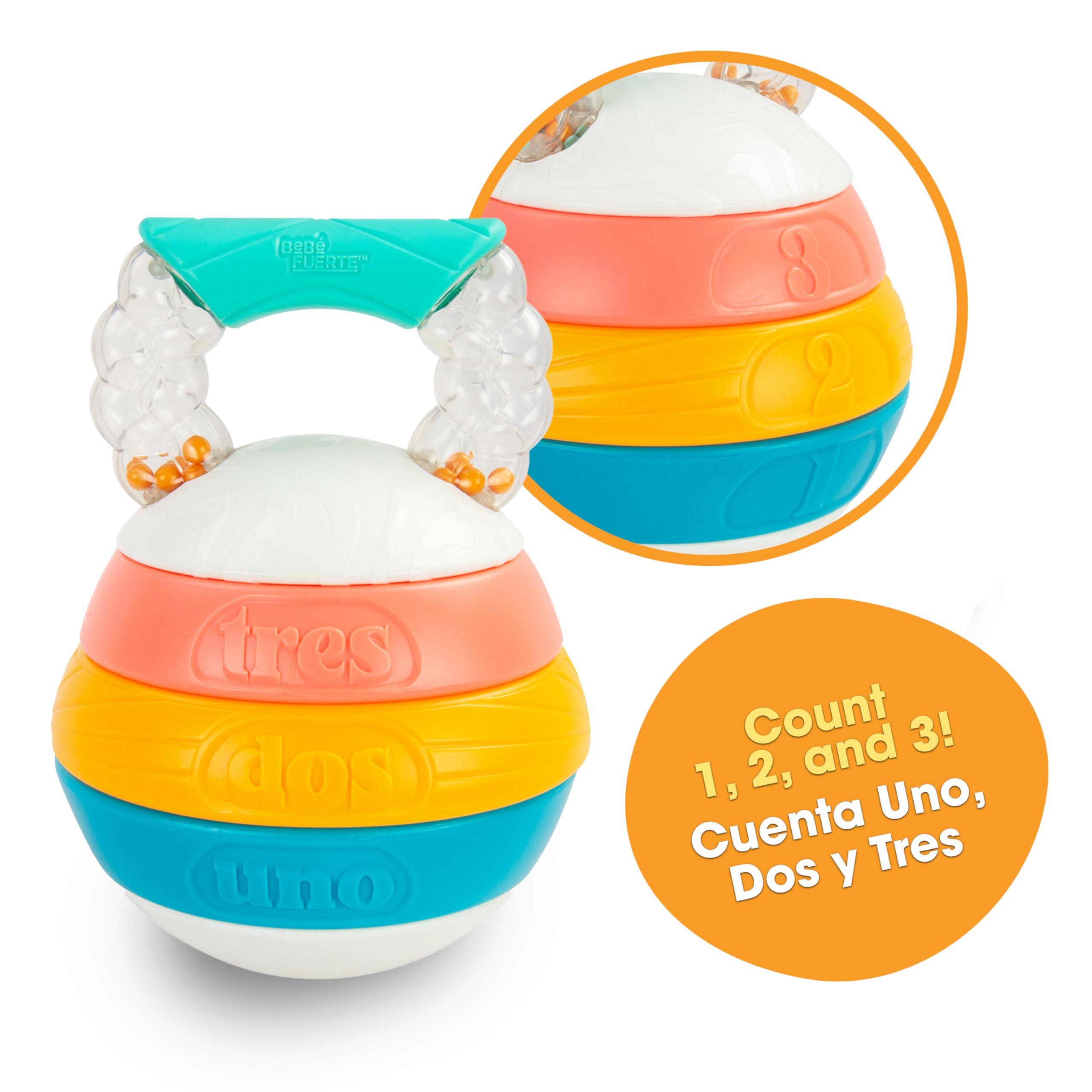 BEBÉ FUERTE Kettlebell beads in handle provide engaging rattling sound during movement