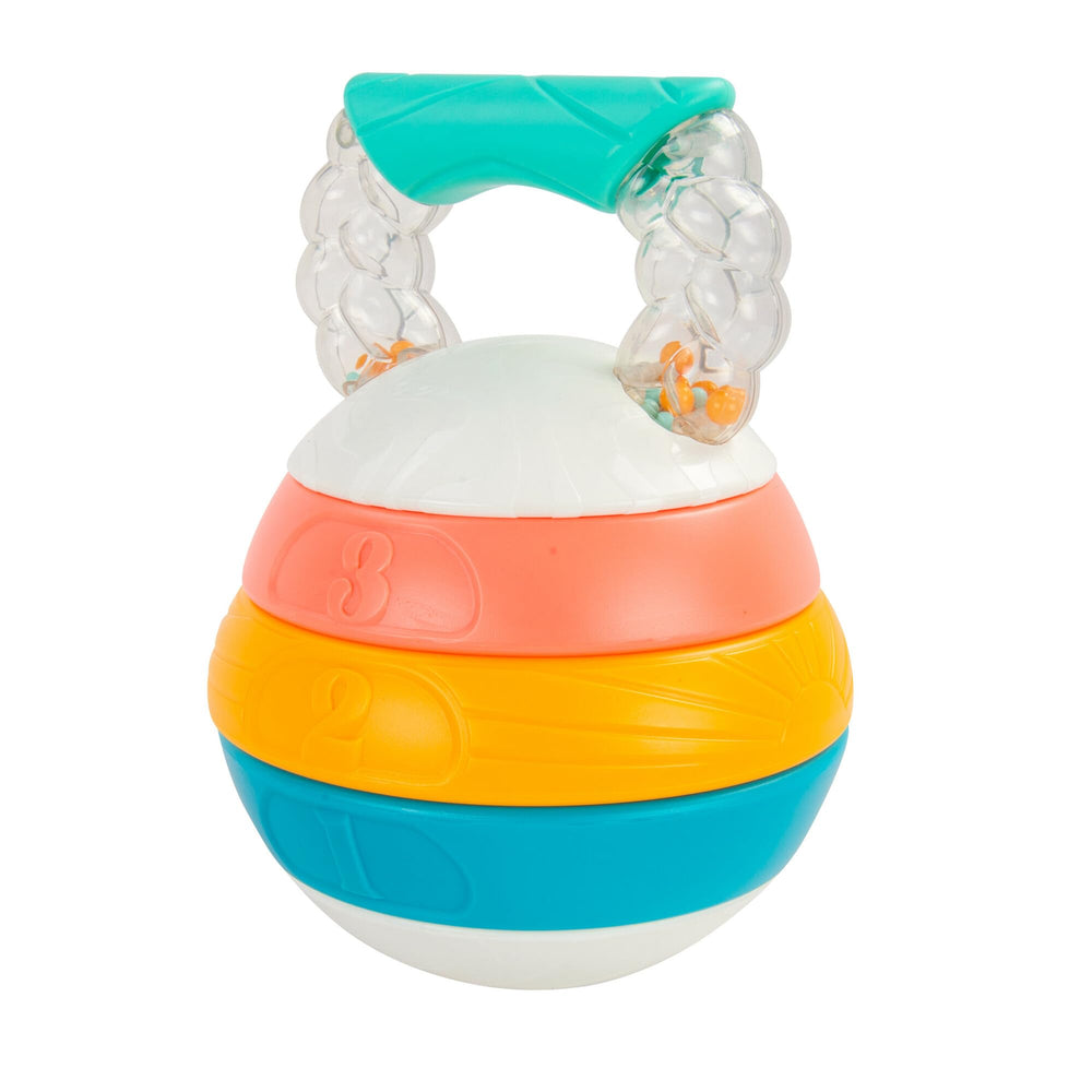 BEBÉ FUERTE Stack and Count Kettlebell top twist shows secure stacking during play