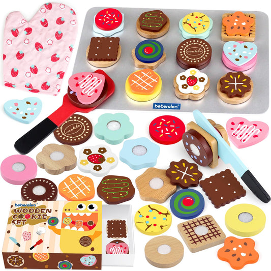 Beberolen wooden cookie play set showing sliceable cookies for pretend baking play