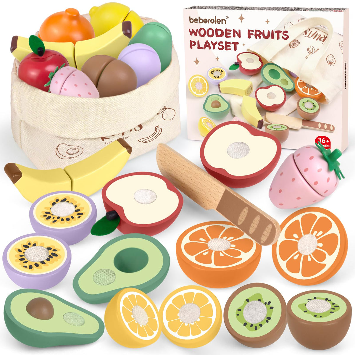 Beberolen wooden apple cutting toy for safe pretend meals and imaginative play.