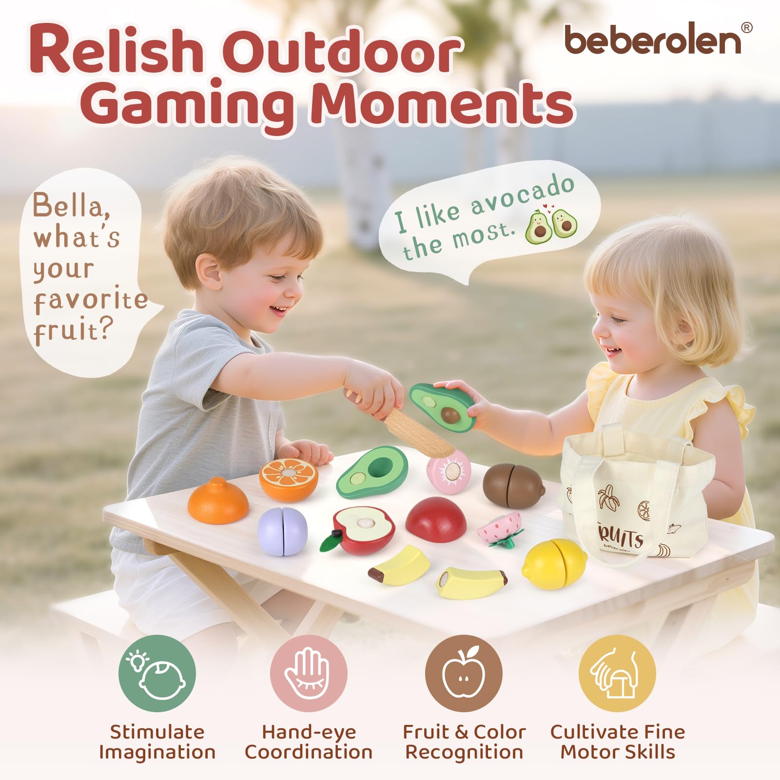 Beberolen wooden banana cutting toy supports hand-eye coordination and independent play.