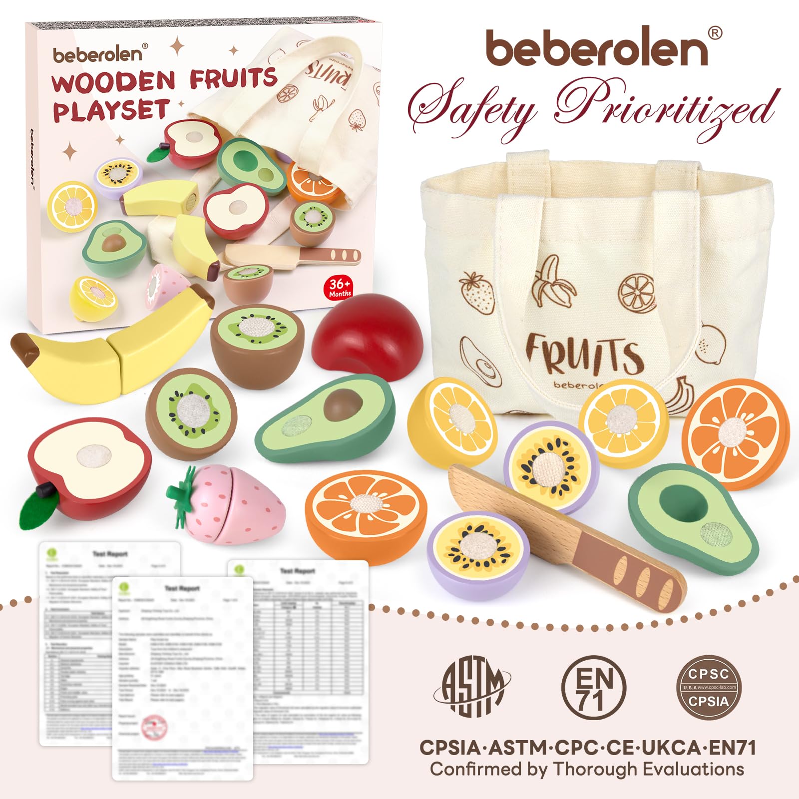 Beberolen wooden strawberry cutting toy offers colorful, safe slicing for role play.
