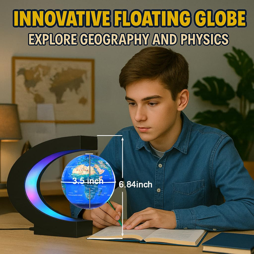 BEBEVOGUE floating globe on a desk setup creates modern decor.
