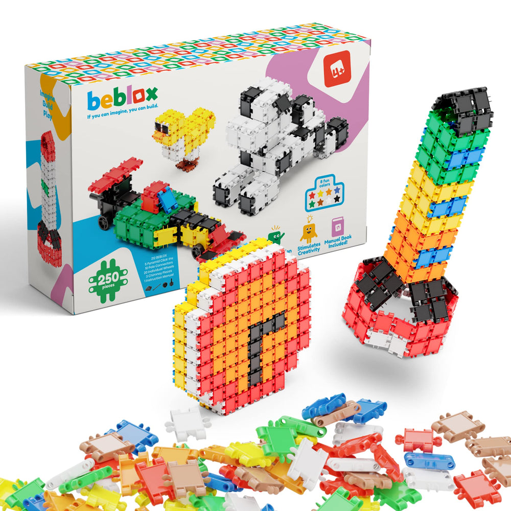 BEBLOX 250-piece blocks in action for creative, screen-free play.