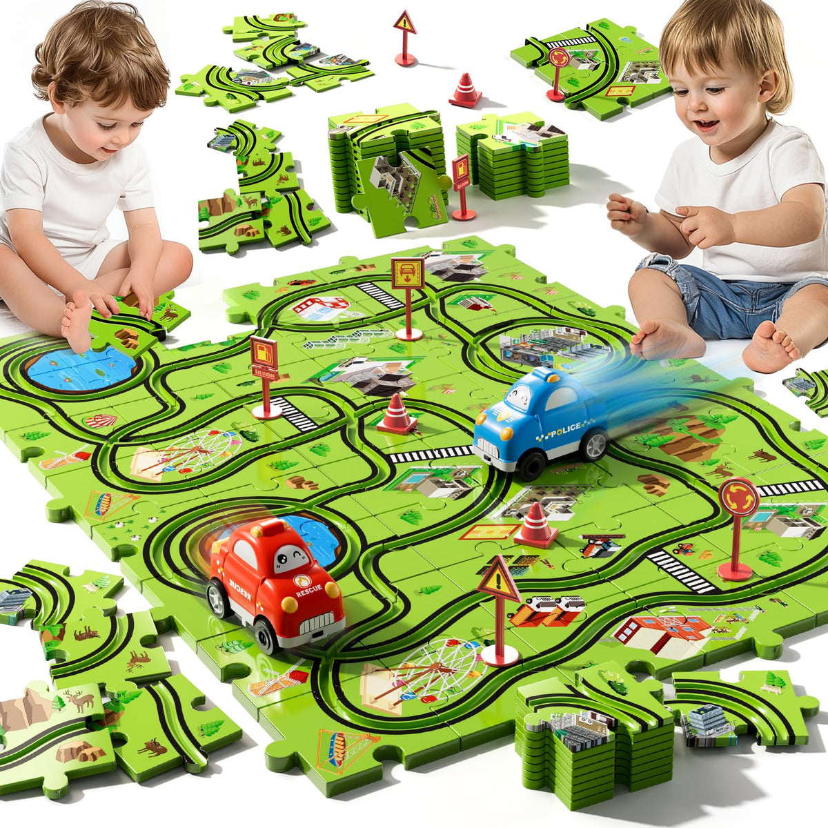 Beby Buty 48pcs puzzle race track set hero showing vibrant city layouts for imaginative play