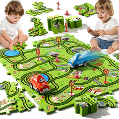 Beby Buty 48pcs puzzle race track set hero showing vibrant city layouts for imaginative play