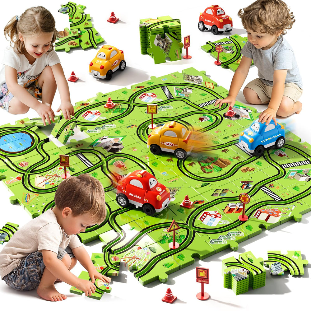 Beby Buty 64pcs puzzle track car set inspires imaginative play and creative layouts.