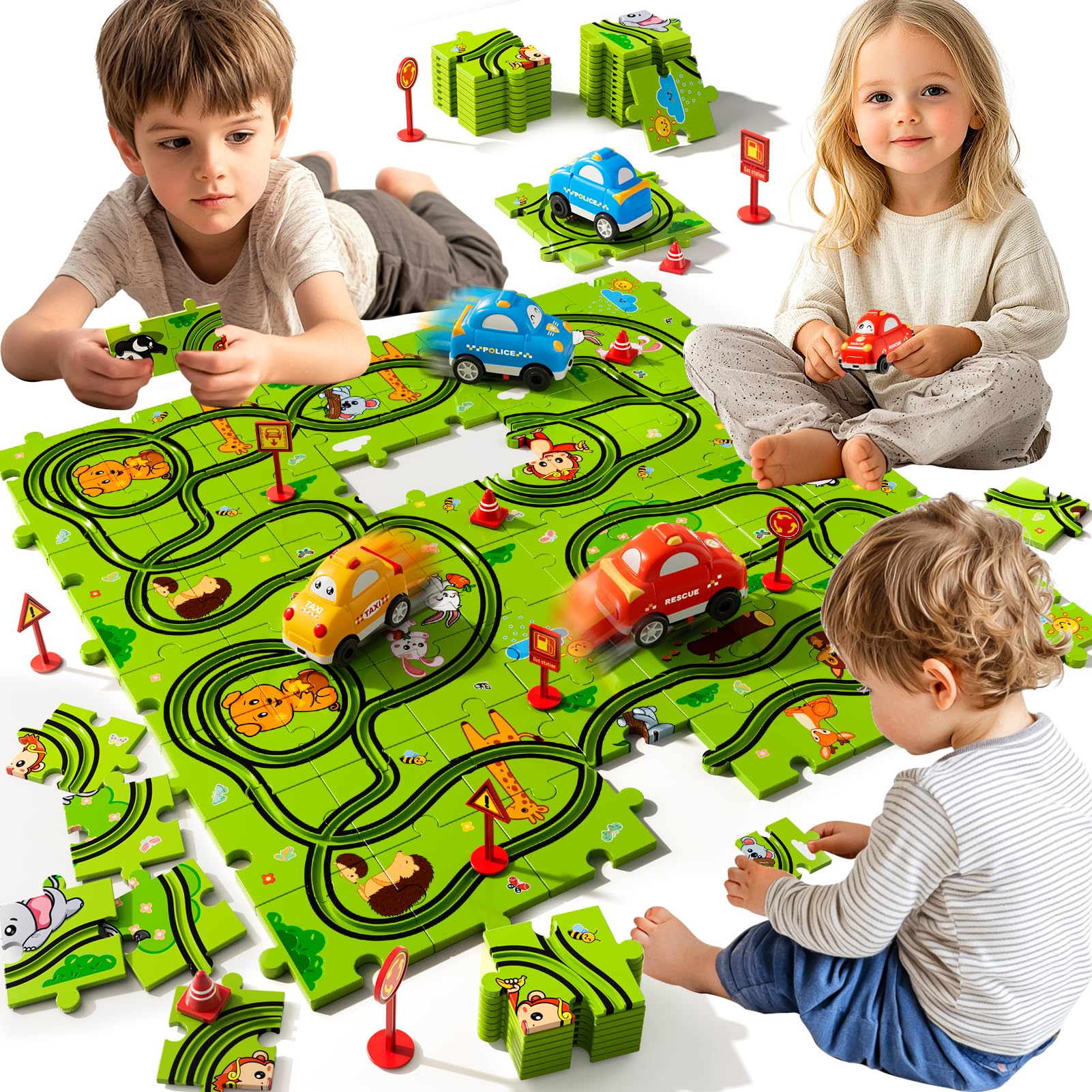 Beby Buty 64 piece puzzle track car set on the floor for interactive play