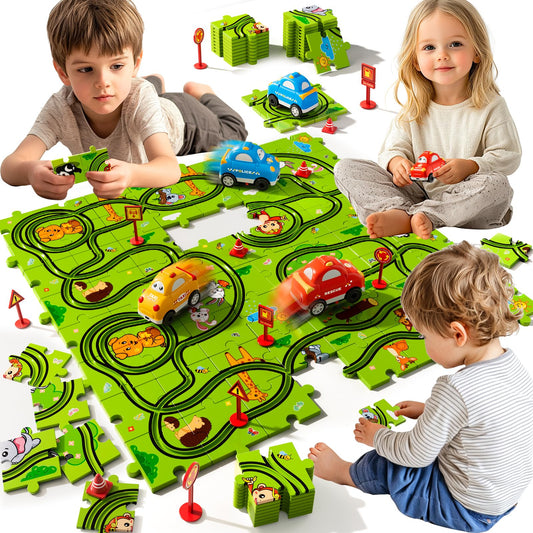 Beby Buty 64 piece puzzle track car set on the floor for interactive play