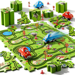 Beby Buty floor puzzle track pieces arranged for easy layout construction